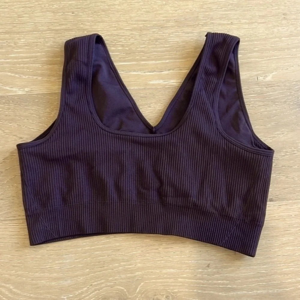 Womens Brown Ribbed V Neck Support Sports Bra Athletic Tank Crop Top Size Medium - Picture 4 of 6